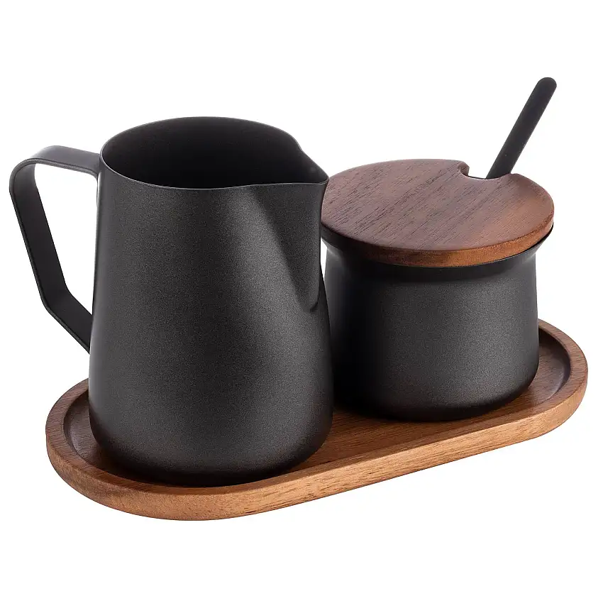 Milch-, Zuckerset, Akazienholz, Edelstahl PTFE beschichtet, Fb. schwarz