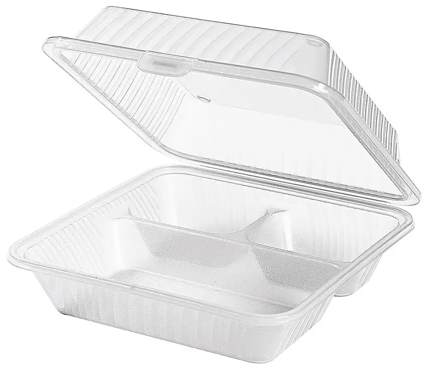 Eco-Takeout : Mehrweg- Behälter, hoher Deckel, 3 Fächer, weiss, 23 x 23,5 x 9 cm