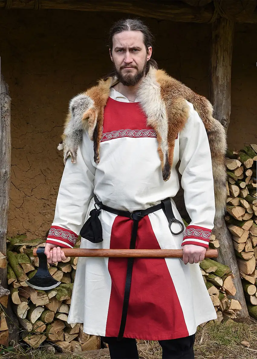 Wikinger Tunika Halvar mit Stickerei, natur/rot, Gr. XL