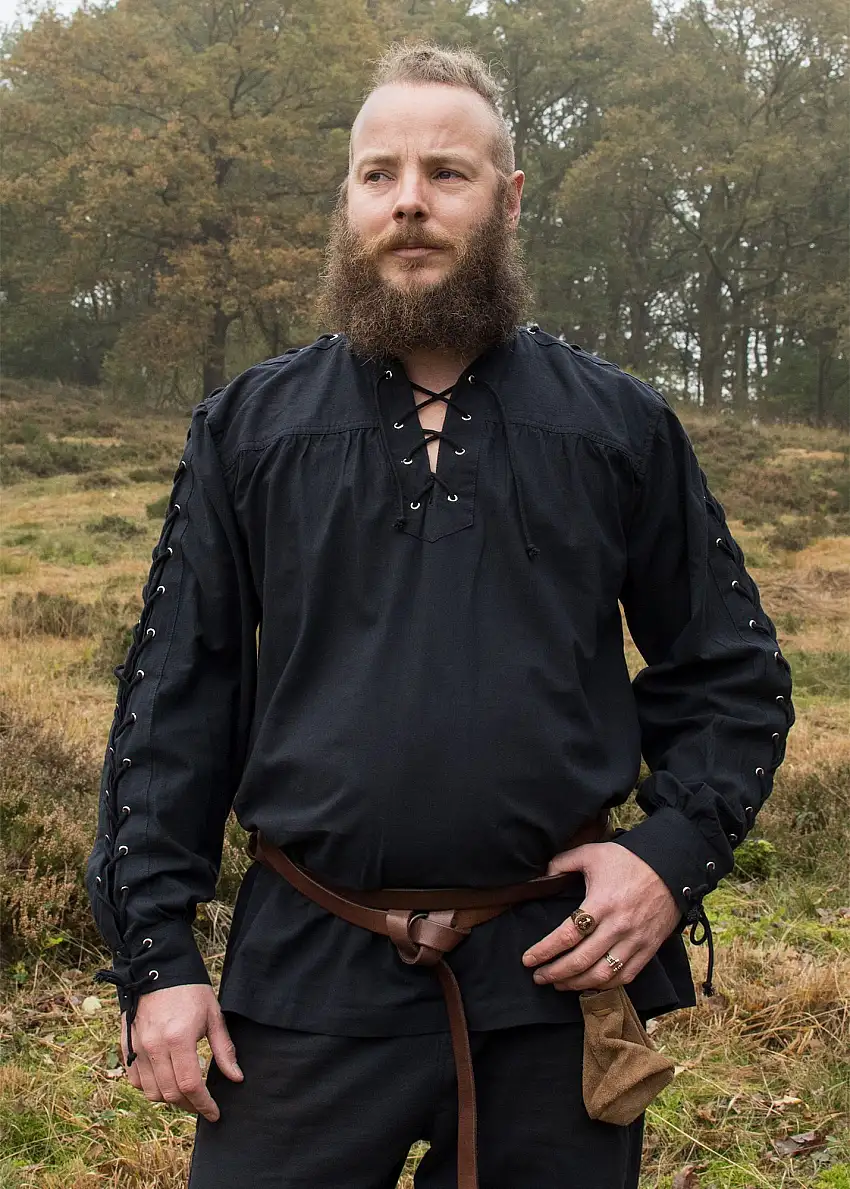 Mittelalter Hemd Corvin mit Schnürung, schwarz, Gr. XL