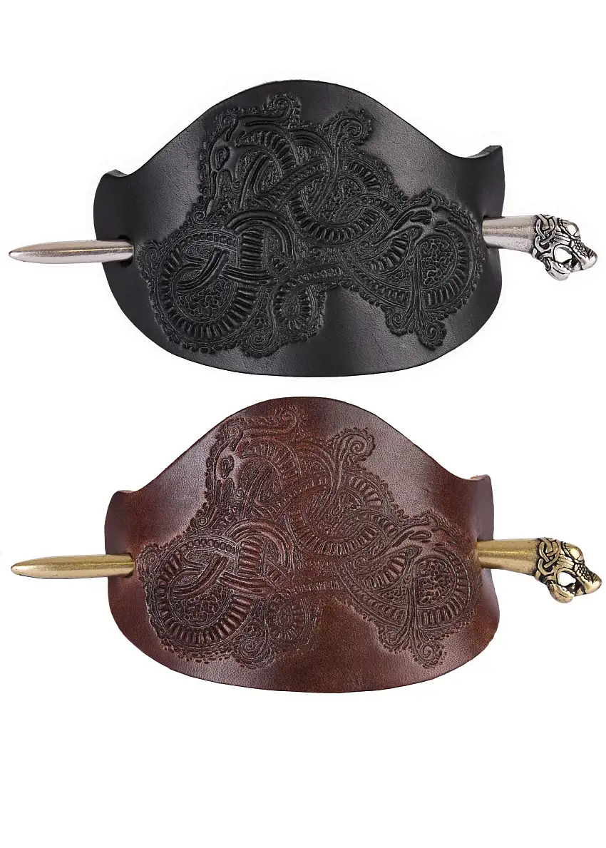 Wikinger-Haarspange Oseberg aus Leder mit messingfarbener Nadel, braun