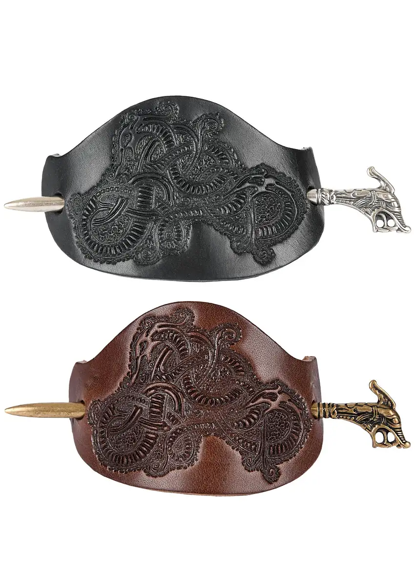 Wikinger-Haarspange Haithabu aus Leder mit silberfarbener Nadel, schwarz