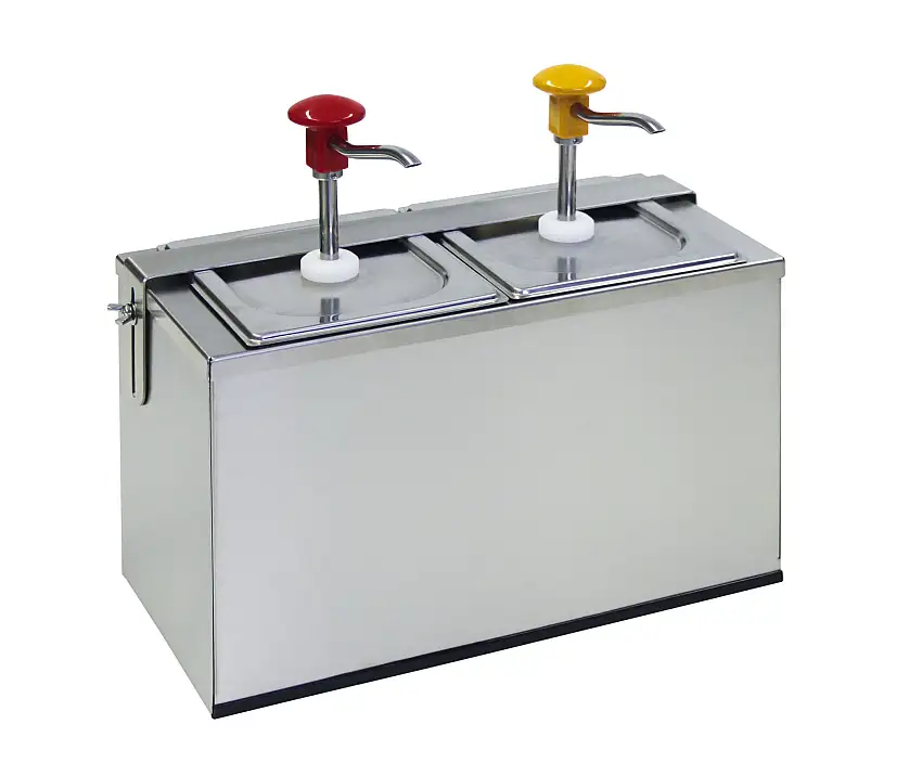 Druckknopf- Dosierspender mit GN Behälter Cool, 2-fach rot/ gelb, Inh. 2 x 3 ltr., 425 x 185 x 375 mm