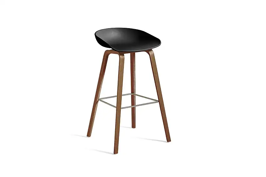 HAY AAS 32 Eco Barhocker High SH: 75 cm – Lackiertes Walnussfurnier/Schwarz/Edelstahl-Fußstütze