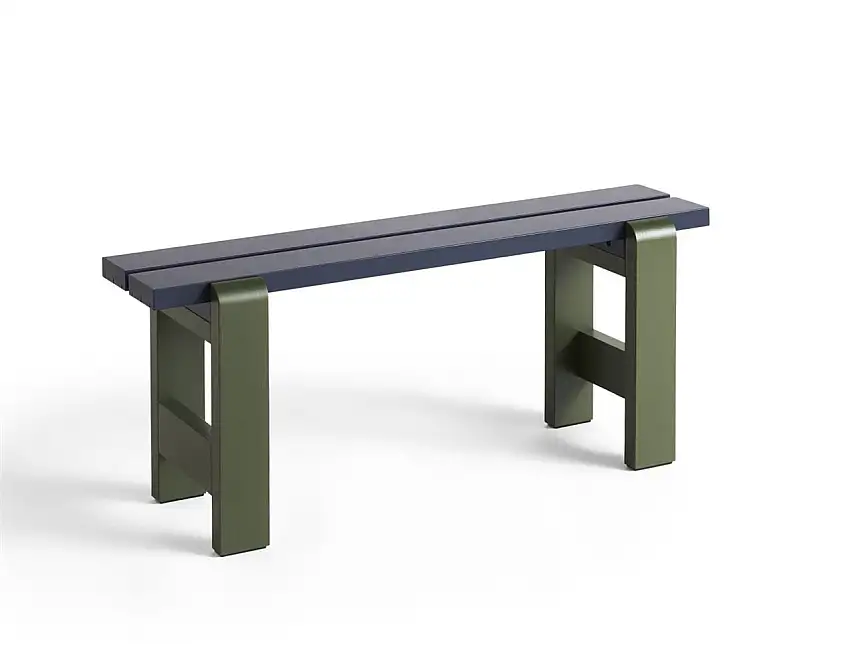 HAY Weekday Bench Duo B: 111 cm – Stahlblaue Tischplatte/Olivfarbenes Gestell