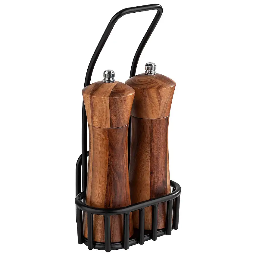 Pfeffer- u. Salz-Menage, 3-teilig, Holz/ Metall, 12 x 8,5 x 24 cm