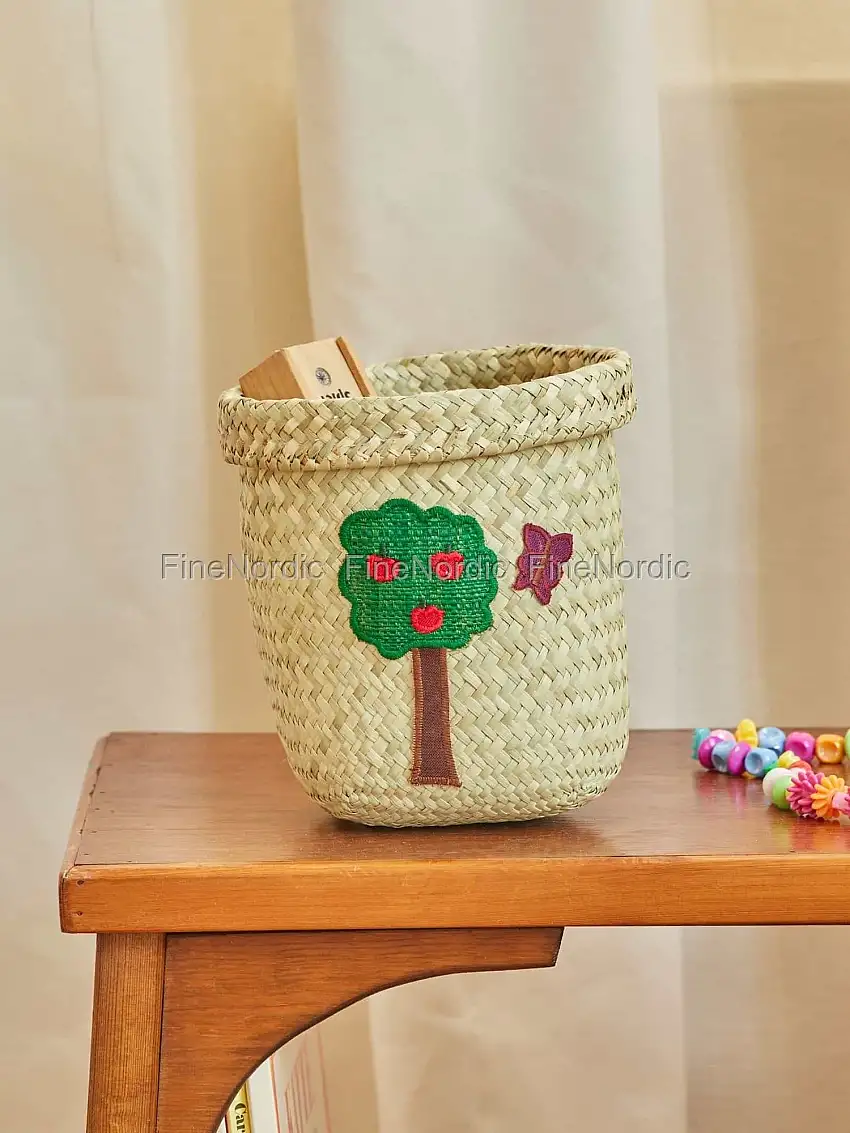 Rice Raffia Aufbewahrungskorb - Rund - "Happy Forest" Stickerei - Groß