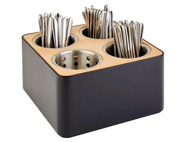 APS Besteckbehälter 27 x 27 cm, H: 15 cm , SAN, schwarz, Holz 27 x 27 cm, H: 15