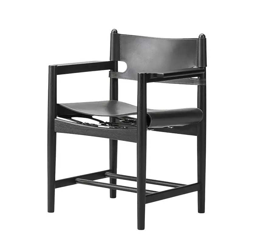 Fredericia - The Spanish Dining Chair mit Armlehnen, eiche schwarz lackiert / leder schwarz