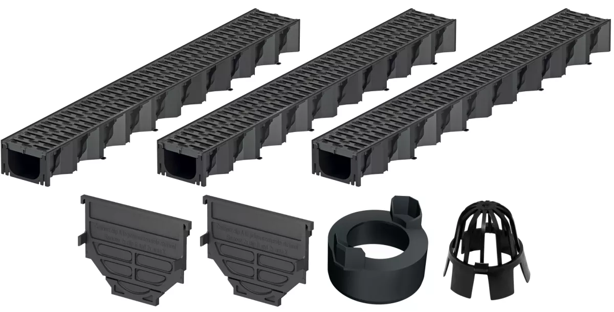ACO HexaLine 2.0 Entwässerungsrinne mit Kunststoffrost 3er Set + Zubehörset