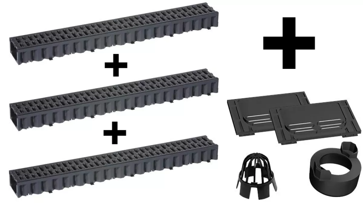 ACO HexaLine SET Entwässerungsrinne Stegrost Kunststoff schwarz 3 x1 m