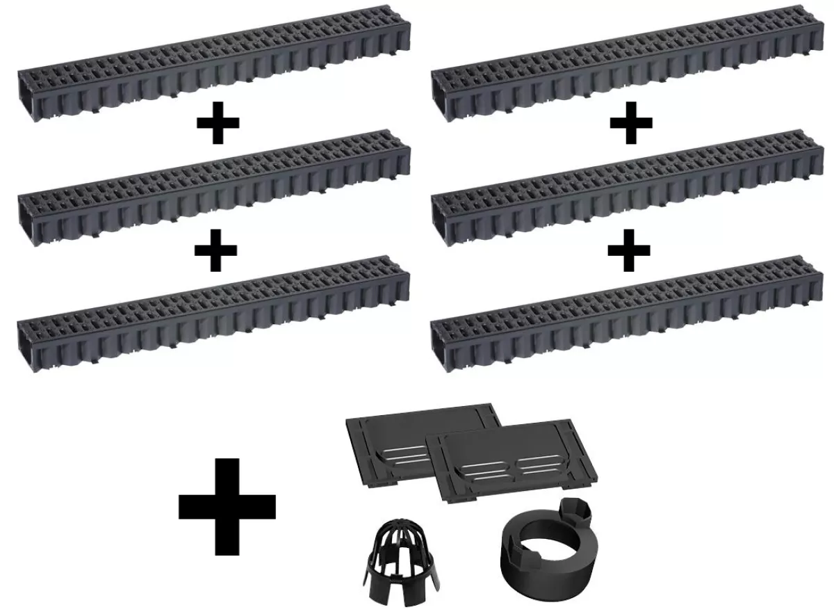 ACO HexaLine SET Entwässerungsrinne Stegrost Kunststoff schwarz 6 x1 m