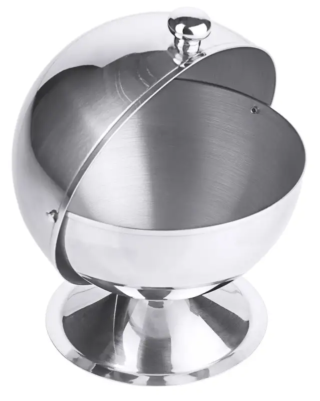 Zuckerkugel, Scharnierdeckel, Kugelgriff, Edelstahl, D: 13 cm, H: 14,5 cm