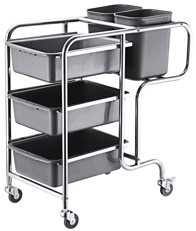 Abräumwagen, drei Geschirrwannen, zwei Eimer, PP, Edelstahl, 85 x 45 x 90 cm
