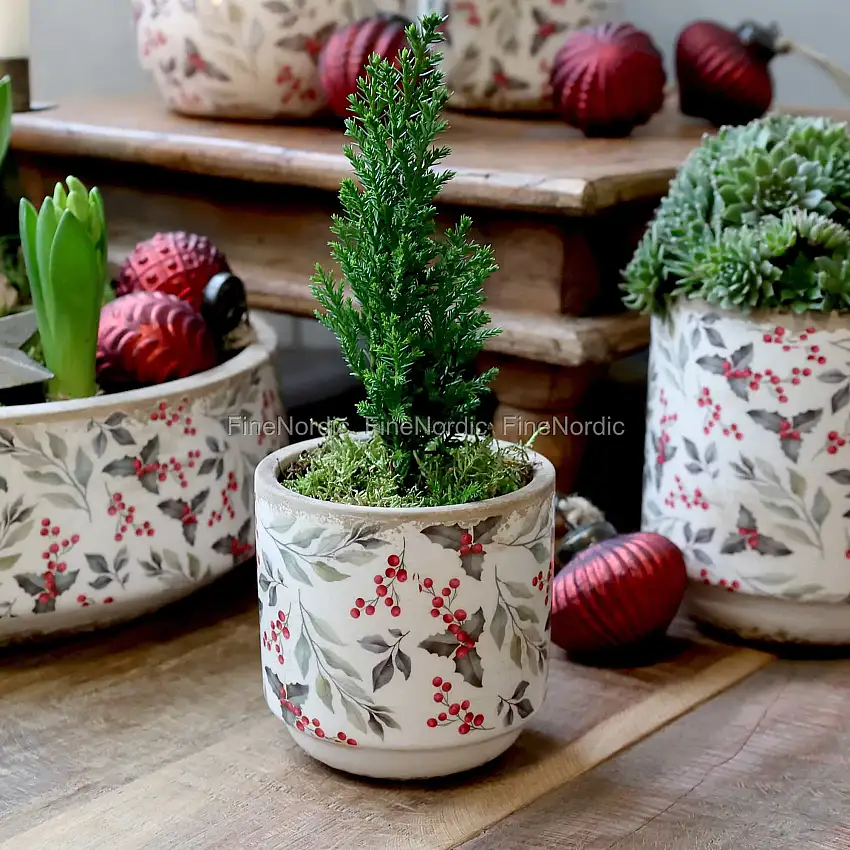 Chic Antique Übertopf mit Blättern und Beeren Motiv Creme H 10 cm