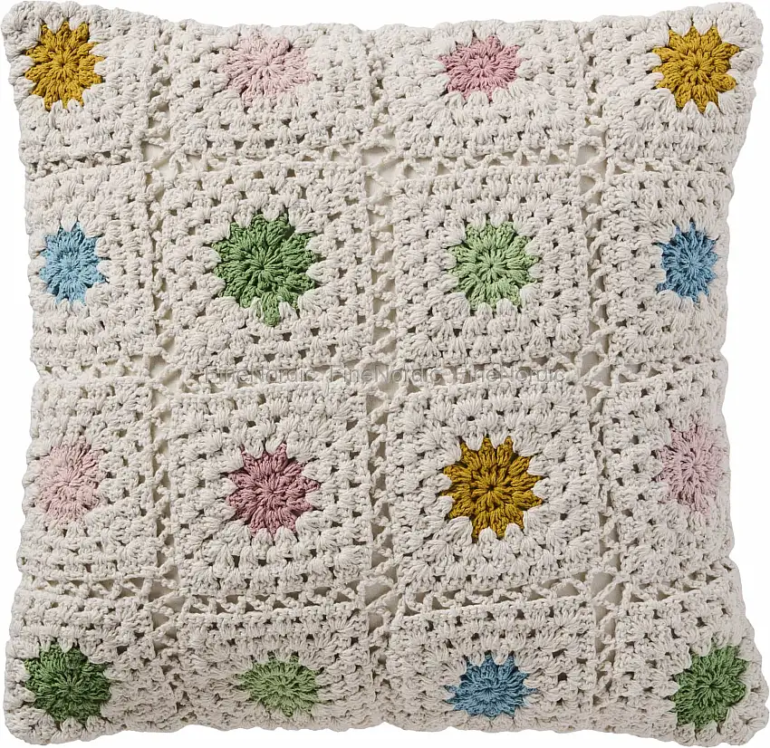 Ib Laursen Kissenhülle - Gehäkelt - Creme - Mehrfarbige Blumen, Rückseite cremefarbener Canvas 50 x 50 cm