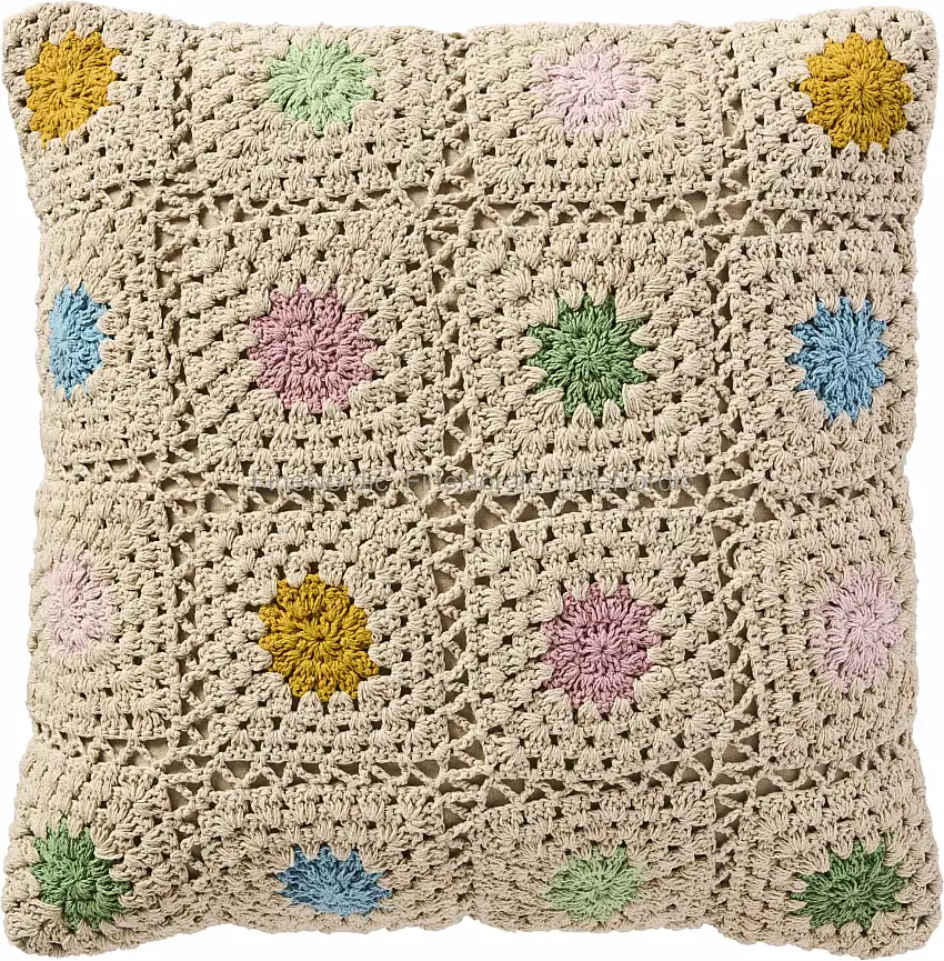 Ib Laursen Kissenhülle - Gehäkelt - Natur - Mehrfarbige Blumen, Rückseite naturfarbener Canvas 50 x 50 cm