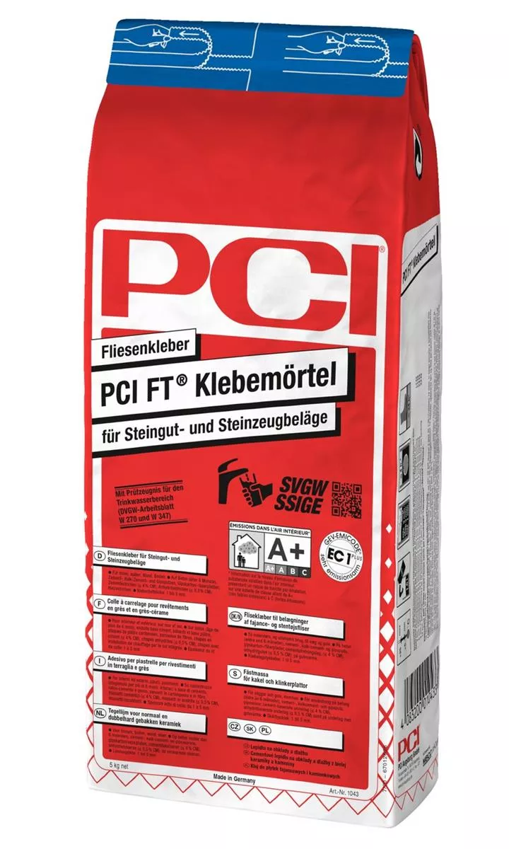 PCI Ft-Klebemoertel Fliesenkleber für Steingut- und Steinzeugbeläge grau 5 kg
