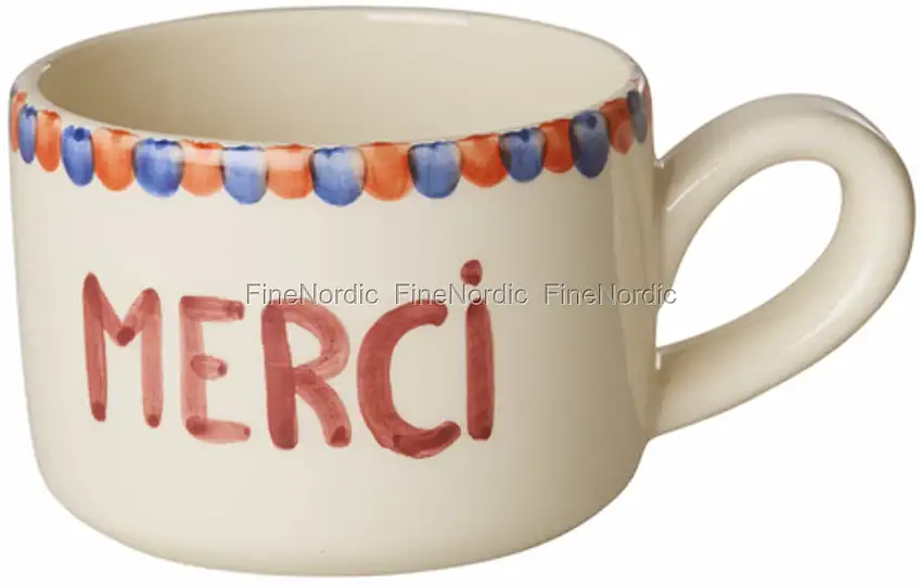 Rice Keramik Cappuccinotasse - Handbemalt - "MERCI" - Weiß