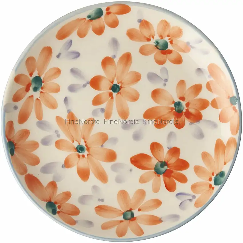 Rice Keramik Kuchenteller - Handbemalt - "Flowers" - Orange