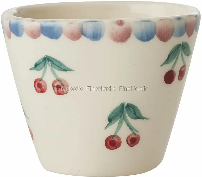 Rice Keramik Ovale Espressotasse - Handbemalt - "Cherries" - Creme