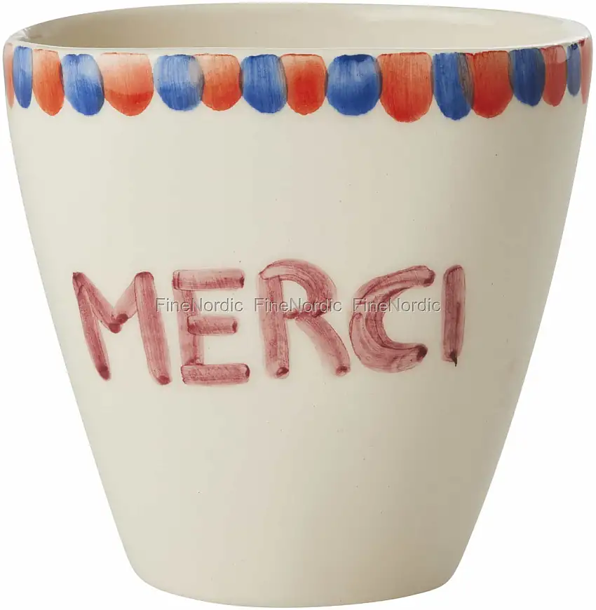 Rice Keramik Ovale Tasse - Handbemalt - "MERCI" - Creme