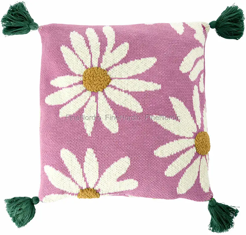 Rice Kissen - Quadratisch - Gestrickt - Blumen und Quasten - Rosa