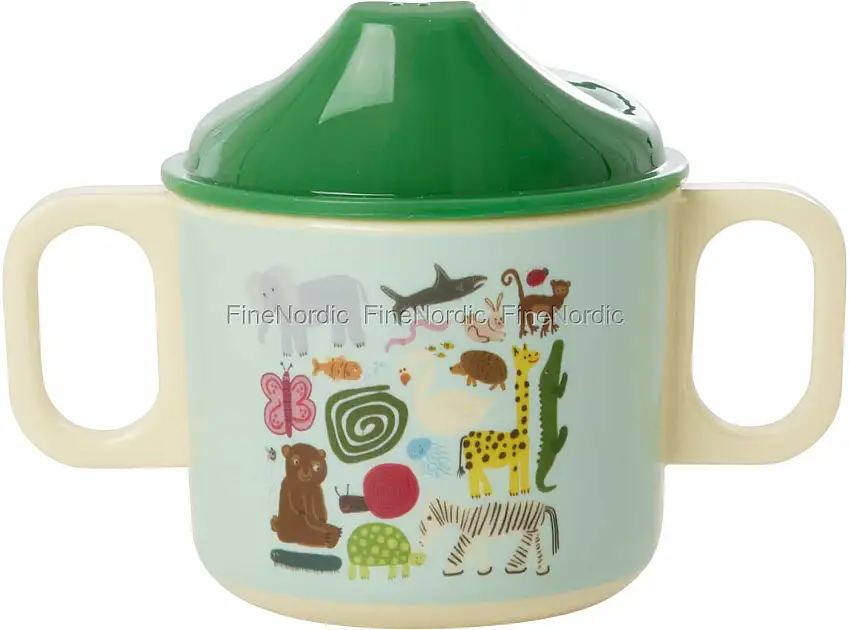 Rice Melamin Schnabeltasse - 2 Griffe und Deckel - "Wildlife" - Mint