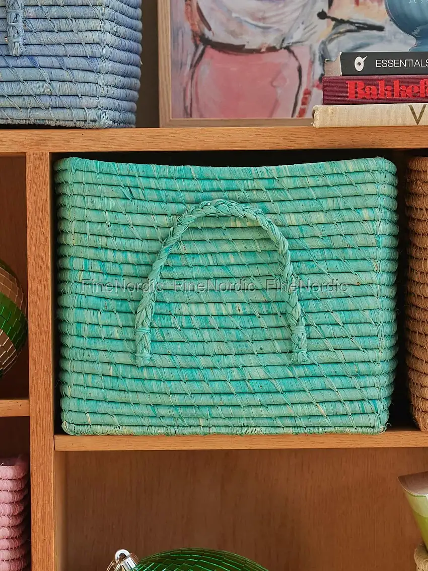 Rice Raffia Korb - Quadratisch - Raffiagriffe - Mint