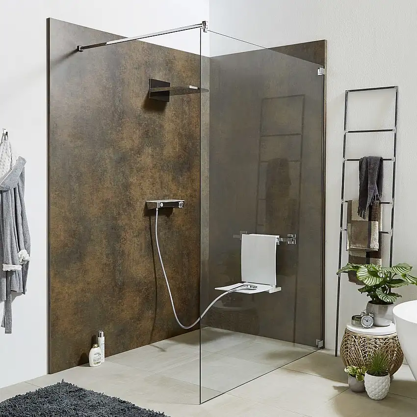 Sprinz Inloop Walk-In Dusche, Beschläge rund, mit direkter Wandbefestigung, Breite bis 140 cm (IR31.2)