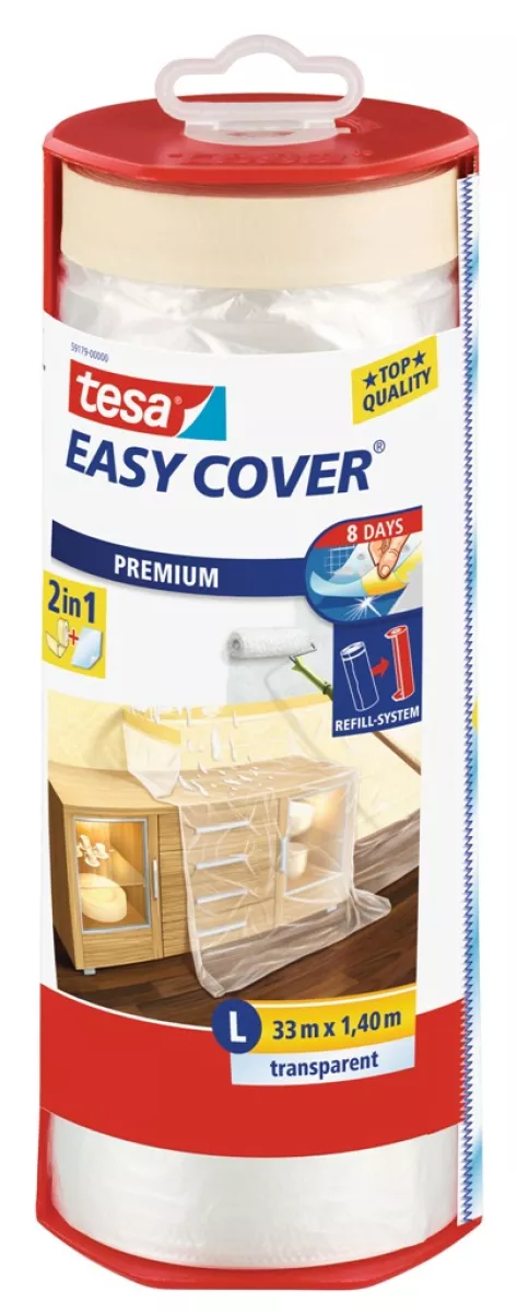 tesa Easy Cover Premium Abdeckfolie mit Malerband (2 in 1) im Abroller 33m x 140cm (Größe L)