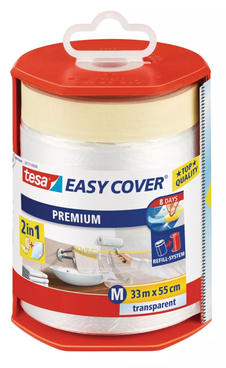 tesa Easy Cover Premium Abdeckfolie mit Malerband (2 in 1) im Abroller 33m x 55cm (Größe M)