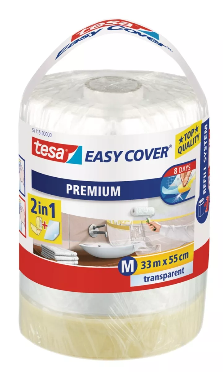 tesa Easy Cover Premium Abdeckfolie mit Malerband (2 in 1) Nachfüllrolle 33m x 55cm (Größe M)