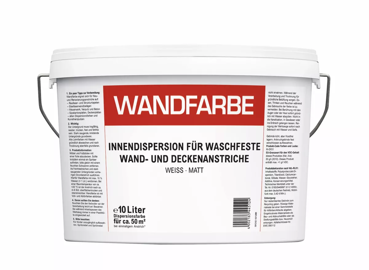 Wandfarbe Innendispersion für Waschfeste Wand- und Deckenanstriche 10 L weiß matt
